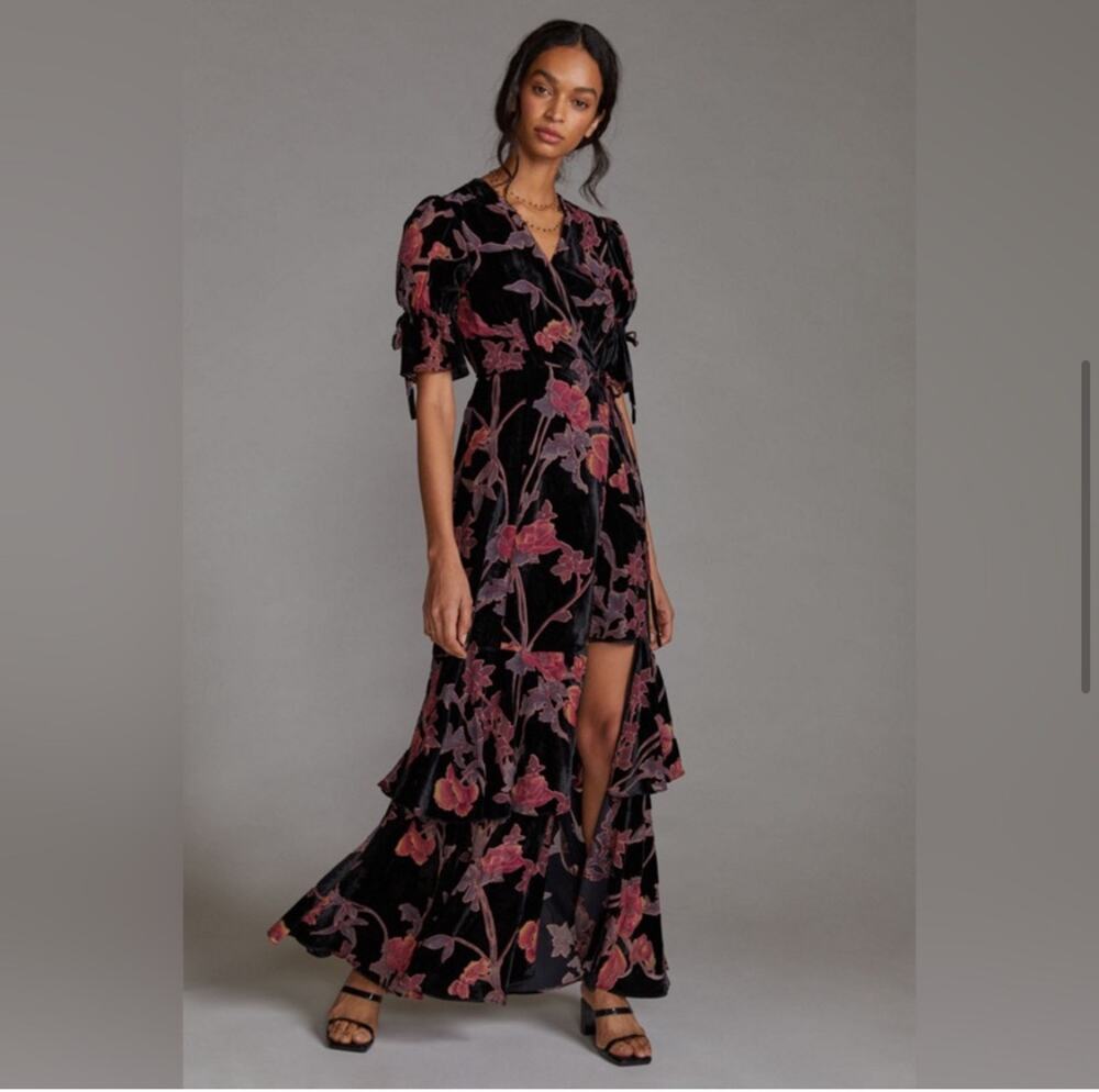 Hutch Black Motif Tiered Velvet Wrap Dress Size X Small